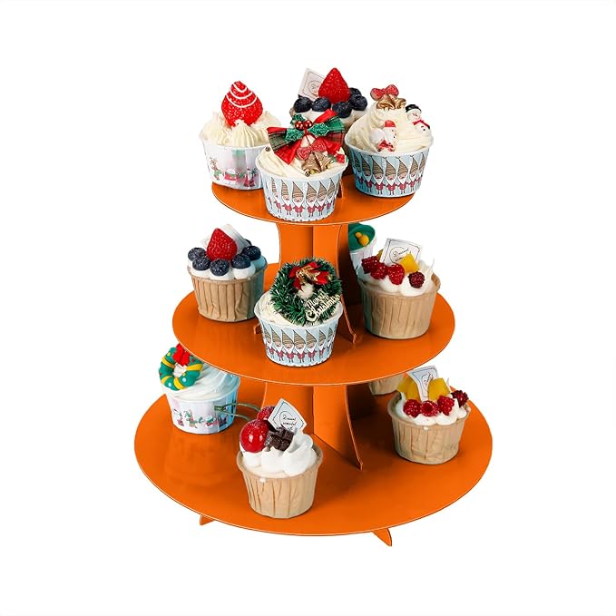 3-Tier Cupcake Stand, Cake Stand holder, Tiered DIY Cupcake Stand Tower for Dessert Table Displays, Birthday Theme Party Favors Decoration, Floral Tea Party, 12" W x 12.8" H, Orange