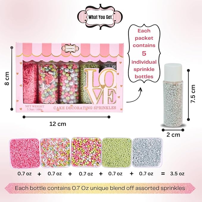 Confect Love Party Sprinkles – Edible Cake Decorating Mix with Orchid Green, Hot Pink & Silver Pearl Dragees, Pink Jimmies, Silver Sparkling Sugar – Festive Toppings for Cakes, Cupcakes, Cookies –Vegan, Gluten-Free, Nut-Free, Soy-Free, Dairy-Free, Palm...