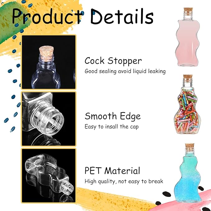 60 Pcs Plastic Sand Art Bottles with Corks and Funnels, 2.5 oz Clear Containers in 3 Styles for Wedding Invitations, Fun Crafts, DIY Projects, Party Decorations