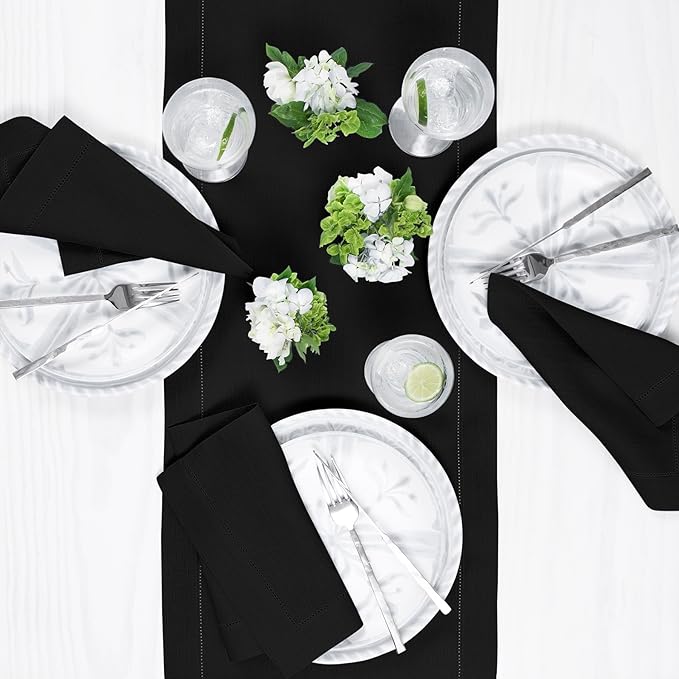 Solino Home Linen Black Table Runner 48 Inches - Classic Hemstitch, 100% Pure Linen Coffee Table Runner 14 x 48 Inch Ideal for Dresser Tables - Fall, Autumn, Halloween, Thanksgiving, Holiday