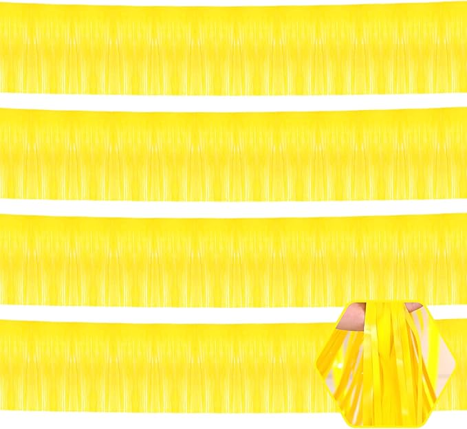 4 Pack 10 Feet Yellow Foil Fringe Garland Metallic Tinsel Streamers Banner Wall Hanging Curtain Backdrop for Parade Floats, Wedding, Graduate, Mother's Day, Birthday Party Decoration