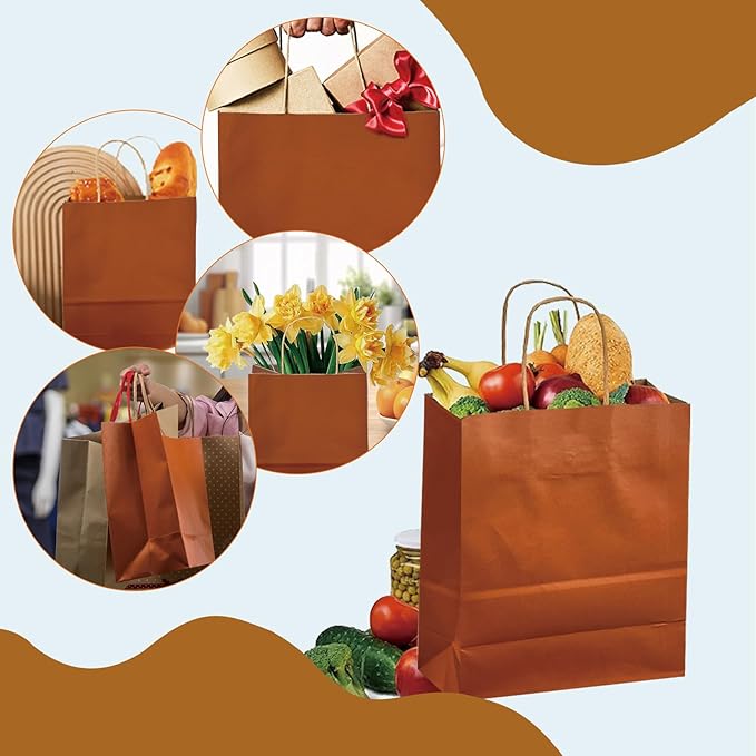 BAG BOX 50 Pack Small 5.9x3.1x8.25 Inch Orange Kraft Paper Gift Bags with Handles for Bulk Shopping, Retail, Craft, Party Favors, Wedding, Grocery & Sacks