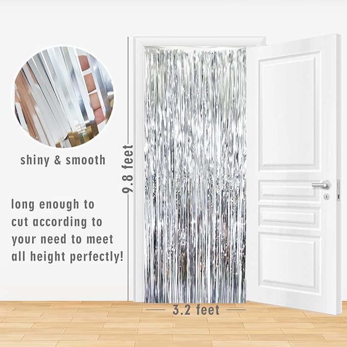 GOER 6.4 ft x 8.2 ft Metallic Tinsel Foil Fringe Curtains,Pack of 2 Party Streamer Backdrop for Birthday,Graduation Decorations and New Year Eve (Silver)