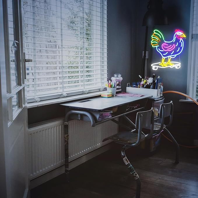 Dimmable Chicken Neon Sign for Wall Decor Funny Skateboarding Rooster LED Neon Light USB Powered Light Up Animal Sign for Bedroom Birthday Party Kids Gifts(16.5 * 13In）