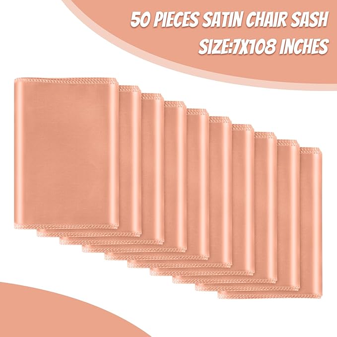 50 PCS Rose Gold Satin Chair Sashes Bows Universal Chair Ribbon Ties Back Sash for Wedding Party Reception Events Banquets Hotel Event Chair Cover Decoration (7x108 inch)