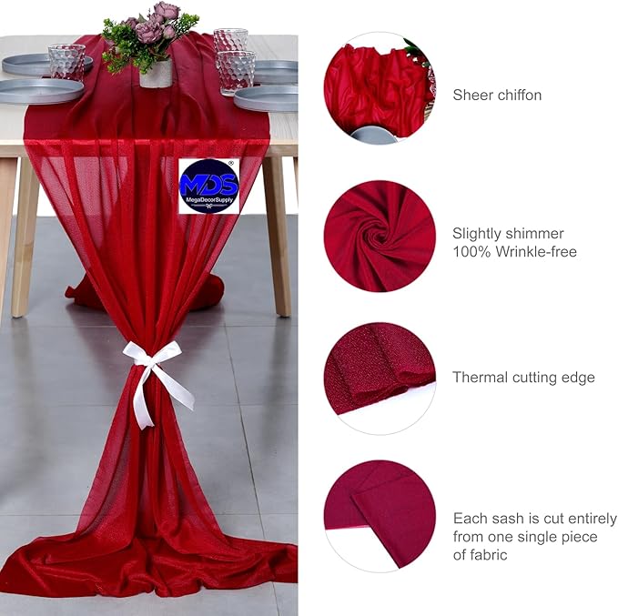 MDS 15 Pack 10ft Chiffon Table Runner 29 x 120 Inches Sheer Wedding Runner Romantic Rustic Table Runner for Wedding Decorations, Birthday Parties, Bridal Shower Party Arch Decor - Apple red