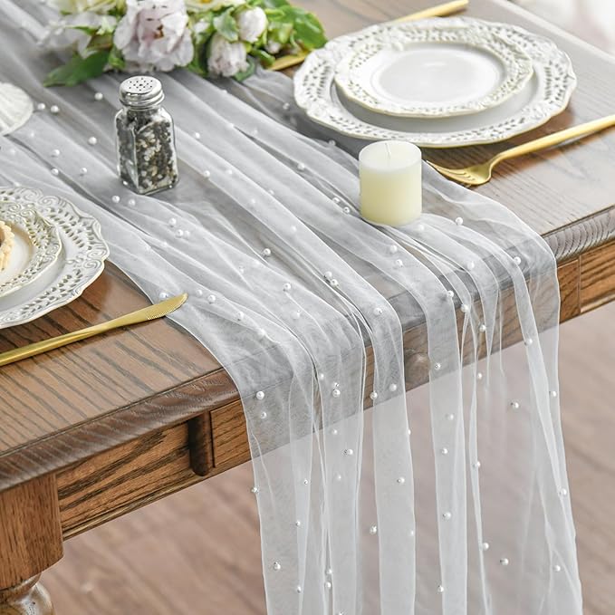 Artoid Mode 3PCS Pearl Gauze Table Runner 120 Inch 10FT, Seasonal Sheer Dining Holiday Wedding Birthday Baby Shower Table Decor for Home Party