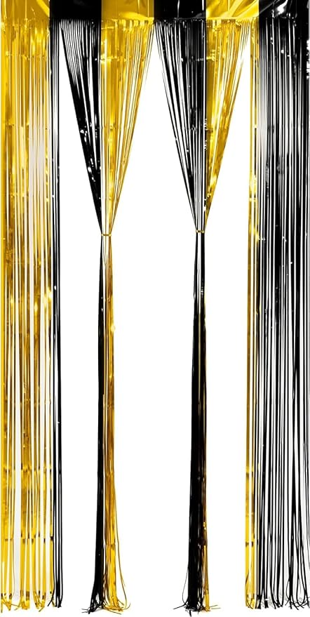 BRAVESHINE 3.2 x 8.2 ft Black Gold Foil Fringe Curtains - 2 Pack Metallic Photo Booth Streamers Backdrop for Boy Men Birthdays/New Years/Graduates/Homecoming/Farewell/Prom/Ramarak Party Decorations