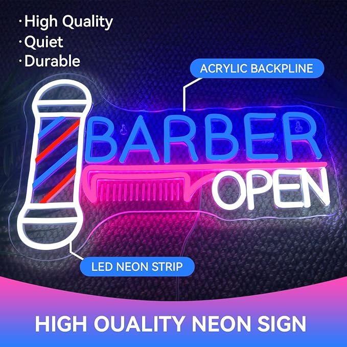 Ineonlife Barber Open Neon Sign Accessories Light Up for Wall Decor Modern Led Sign for barbershop Small Acrylic Art Decor for hair salon make up shop Decorations 15.74x14.17 inch USB POWER