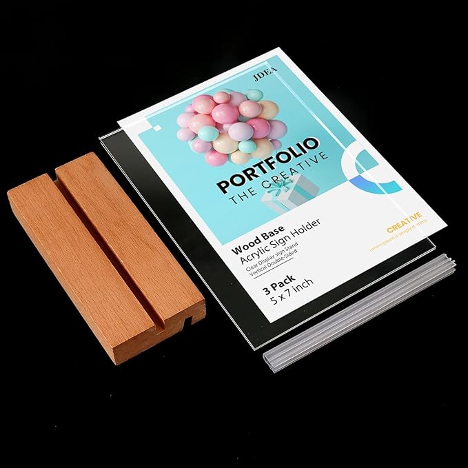 Acrylic Sign Holder with Wood Base 8.5x11 Inch Vertical and Slant Displays (5 Pack 8.5*11")