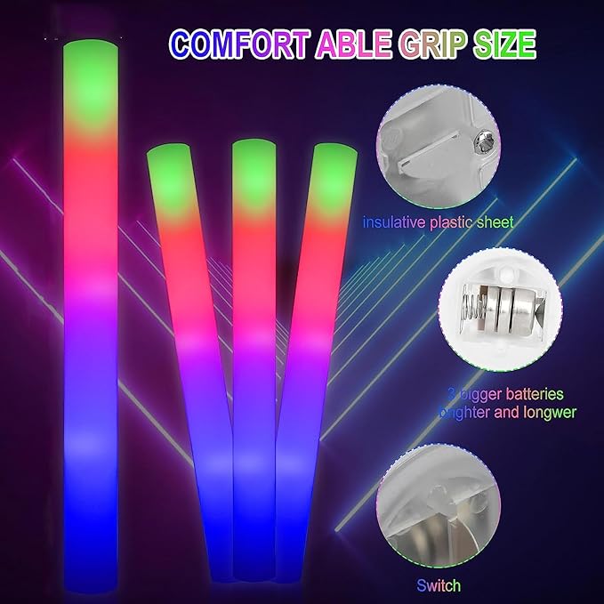 70pcs Foam Glow Sticks,Glow Sticks Bulk,3 Flashing Modes for Wedding Glow in The Dark Party Supplies, Light up Wand for Birthday,Outdoor Camping, Raves
