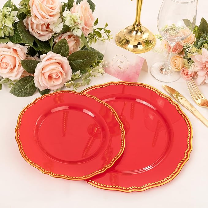 Hioasis 60pcs Red Plastic Plates - Red and Gold Disposable Dinnerware with Gold Rim, Heavy-duty, 7.5 inch, Dessert Plates for Party & Wedding