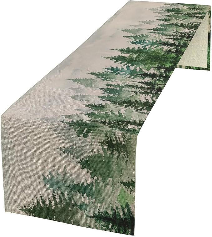 Foggy Forest Table Runner,Green Forest Natural Landscape Table Runner for Kitchen Dining Table Home Party Decoration 13x60 Inch