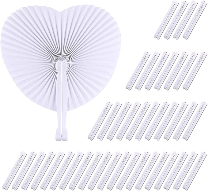 Zwin 60PCS Heart Shaped Folding Paper Fans for Wedding White Plastic Handheld Pocket Paper Fans for Party Decorations