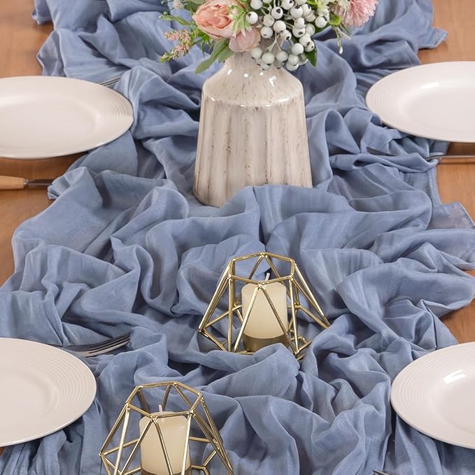 MLMW 3 Pack Dusty Blue Table Runner Cheesecloth Gender Reveal Boho Gauze Rustic Cheese Cloth Table Runner 160 inch Sheer 13.3ft for Wedding Party Baby Bridal Shower Birthday
