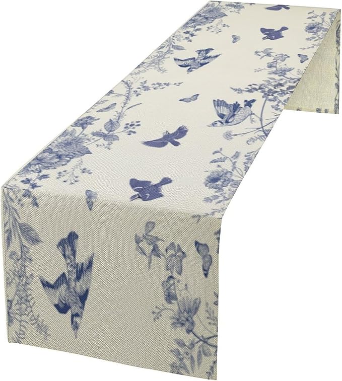 Monochrome Sketch Flowers Bird Table Runner, Seasonal Spring Fall Plants Blue Florals Dinner Runner for Home Kitchen Dining Table Party Holiday Decoration 13"x36"
