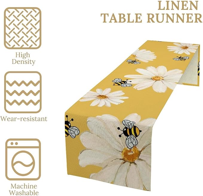 Daisy Flower Table Runner, Summer Spring Seasonal Watercolor Wildflower Yellow Bee Print Table Cover for Home Party Decor Kitchen Dining Table, 13x36inch