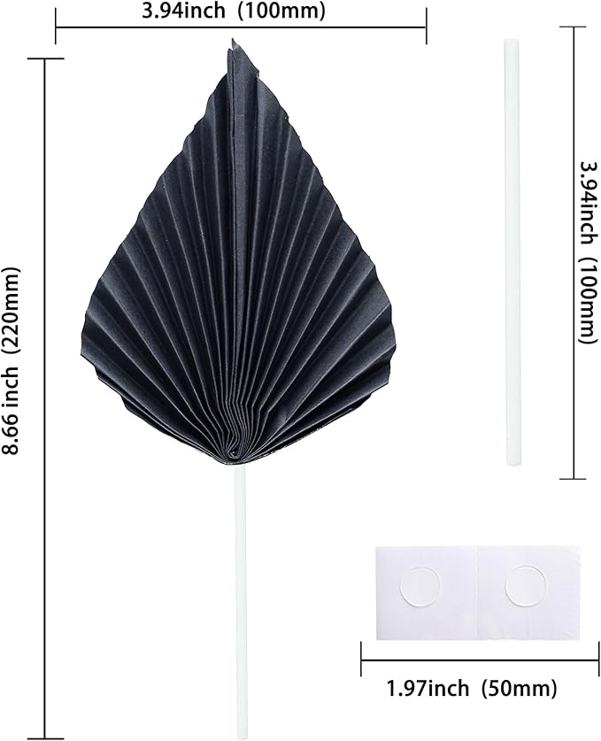 Gyufise 6Pcs Paper Palm Fan Cake Toppers Palm Spear Leaves Fan Cupcake Toppers Cake Insert Decorations Craft DIY Cake Bakeware Decoration for Birthday Party Wedding Party Decor Supplies Black
