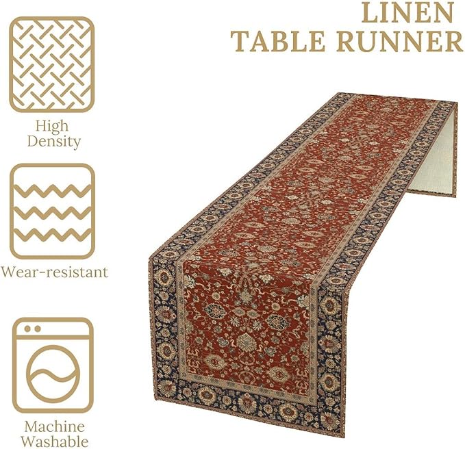 Boho Floral Vintage Red Blue Table Runner, Retro Flower Rustic Country Farmhouse Abstract Pattern for Home Kitchen Table Decor Dining Coffee Room Party Decor 13x90in