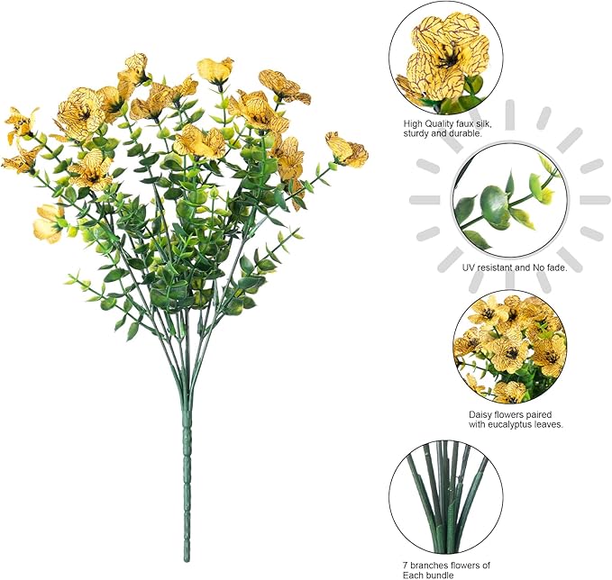 HyeFlora Artificial Fall Flowers Faux Mums for Outdoor Indoor Garden Home Decoration, Faux Flower Daisy with Eucalyptus Leaves Fake Mums Plants Greenery Boxwood Porch Patio, 12 Bundles (OrangeYellow)