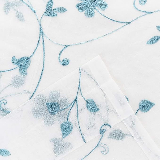 Sheer Curtains Blue 45 Inch Embroidered Floral, Rod Pocket Voile Drapes for Living room, Bedroom, Window Treatments Semi Crinkle Curtain Panels for Yard, Patio, Villa, Parlor, Set of 2, 52"x 45".