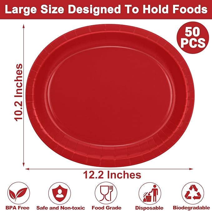 QZYL 50 Pcs Party Decorations, 12.2'' X 10.2'' Oval Large Paper Plates, Red Disposable Heavy Duty Paper Plates for Birthday Party, Wedding, Picnic, Barbecue, Holiday