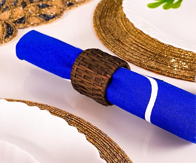 Woven Napkin Rings Set of 12, Handmade Cane Fall Napkin Rings Holders, Natural Napkin Buckles Holder Bulk for Farmhouse Wedding Thanksgiving Xmas Easter Table Décor (Brown) - CLEENTABLE