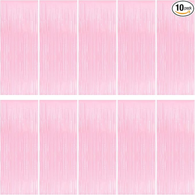 10 Pack Pink Foil Curtain Backdrop 3.2ft x 8.2ft Macaron Tinsel Foil Fringe Curtains Streamer Photo Booth Backdrop for Birthday Party Baby Shower Engagement Wedding Holiday Decoration (Macaron Pink)