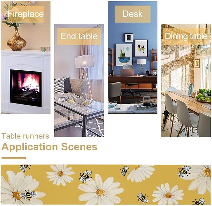 Daisy Flower Table Runner, Summer Spring Seasonal Watercolor Wildflower Yellow Bee Print Table Cover for Home Party Decor Kitchen Dining Table, 13x60inch