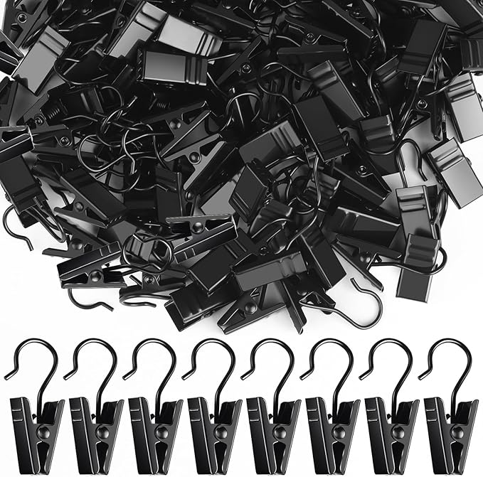 Teenitor 100 Pack Small Curtain Clips Curtain Hooks for Outdoor String Lights, Stainless Steel Clips for Hanging Curtain Hooks for Drapes, Black