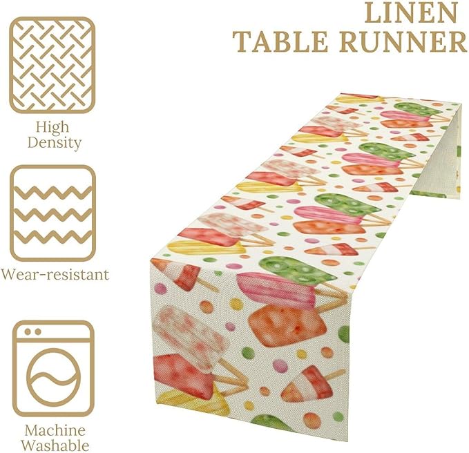 Summer Popsicles Table Runner, Watercolor Colorful Fruit Ice Cream Pops Berry Kiwi Cold Summer Sweet Seasonal Dinner Runner for Party Holiday Home Kitchen Dining Table Decor 13"x90"