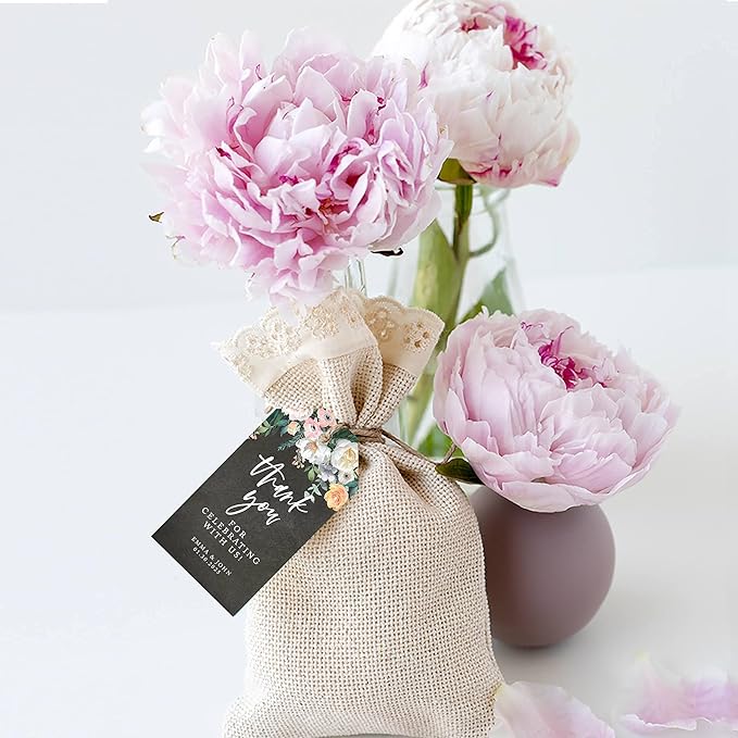 Andaz Press 100-Pack Personalized Thank You Tags with Bakers Twine Chalkboard Florals Custom Cardstock Gift Tags for Wedding Party Favors 2 x 3.75-Inches