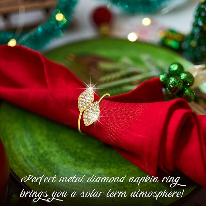 Hotop 100 Pcs Napkin Rings Gold Table Decorations, Elegant Bling Leaves Napkin Rings, Rhinestone Guest Towels Buckle for Wedding Gold Party, Thanksgiving Christmas Dinner Banquet Table Decoration