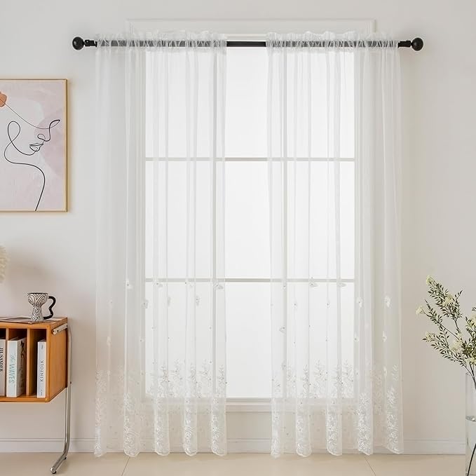 VISIONTEX White Sheer Voile Curtains, Decorative White Embossed Butterflies Rod Pocket Window Drapes for Home Kitchen, Living Room and Bedroom 54 x 72 Inch, Set of 2 Curtain Panels