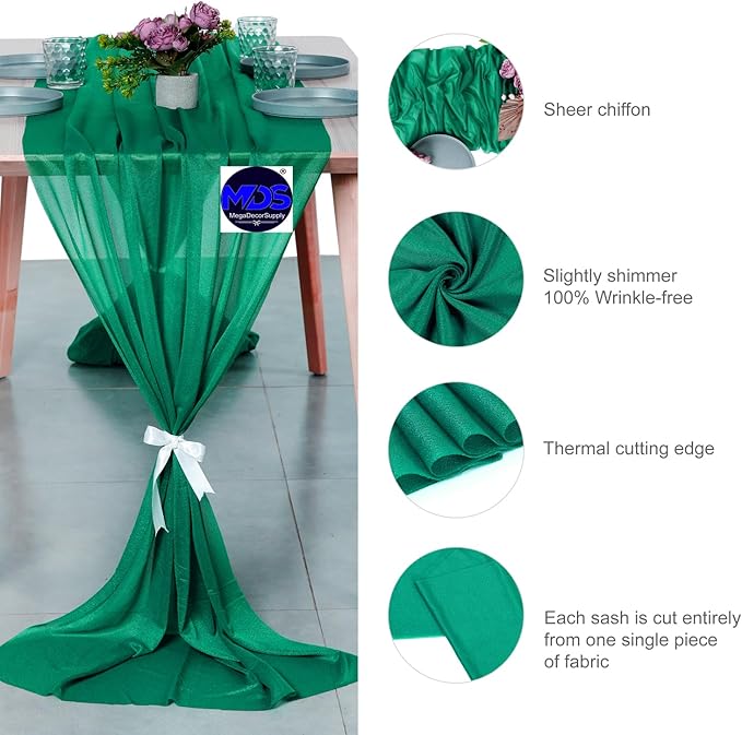 MDS 25 Pack 10ft Chiffon Table Runner 29 x 120 Inches Sheer Wedding Runner Romantic Rustic Table Runner for Wedding Decorations, Birthday Parties, Bridal Shower Party Arch Decor - Emerald Green
