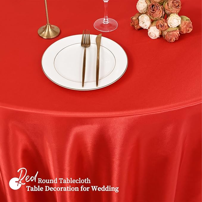 fani 12 Pack 108 Inch Red Satin Tablecloth - Silky Round Tablecloth Overlay Smooth Fabric Table Cover, Bright Table Decoration for Wedding Party Banquet Events Restaurant Kitchen Dining
