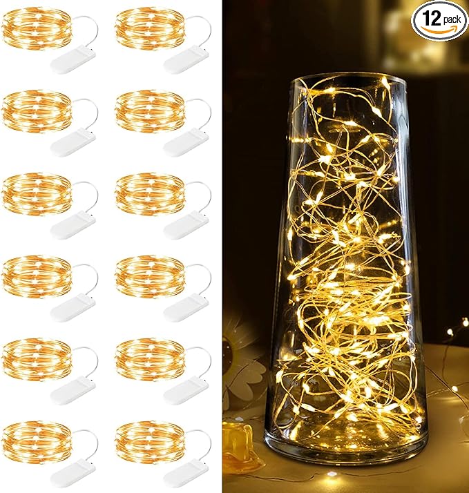 Minetom 12 Pack Fairy Lights Battery Operated -7ft 20 LED Silver Wire String Lights, Waterproof Mini Firefly Lights for DIY, Wedding, Mason Jars, Crafts, Christmas Garlands, Party Decor