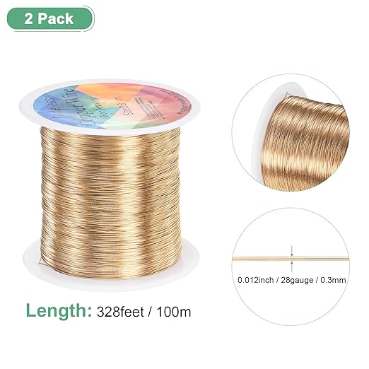 2-Rolls 0.3mm Jewelry Wire, 28 Gauge 328FT Craft Wire Copper Beading Wire for Jewelry Making/Planting/Weaving/DIY Crafting, Soft Metal Wires [100M, Champagne Gold]