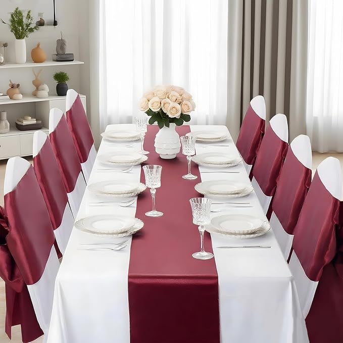 10 Pack Wine Red Satin Table Runner 12x108 Inches Long, Bright Silky Smooth Satin Table Runner Table Decor for Wedding Banquet Christmas Prom Event Birthday Party