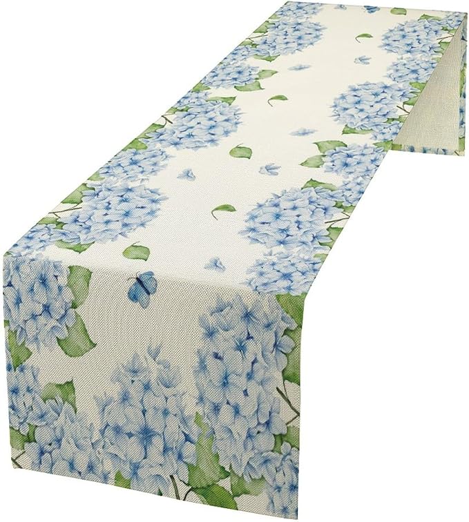 Watercolor Hydrangea Flower Table Runner, Spring Summer Seasonal Plants Butterfly Blue Dinner Runner for Home Kitchen Dining Table Party Holiday Decoration 13"x36"