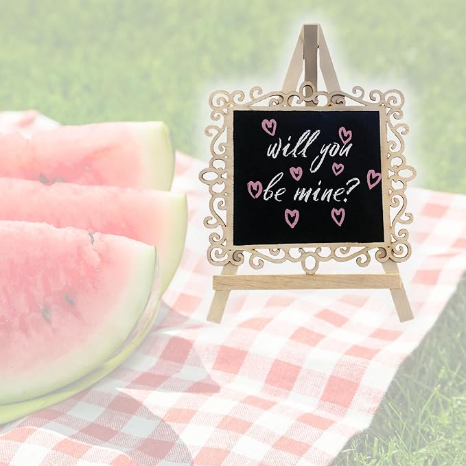 Chalkboard Signs Easel - Square Shape with Wood Framed Swirly Design, Includes 1 Chalk Stick, Size: 10" x 7" Wooden Blackboard, Perfect for Special Occasions and Events Decoration