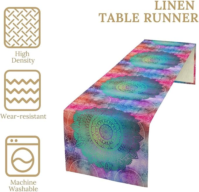 Green Mandala Table Runner, Bohemian Vintage Colorful Exotic Colorful Floral Print Table Runner for Wedding Dining Table Holiday Party Kitchen Home Decor, 13x60inch