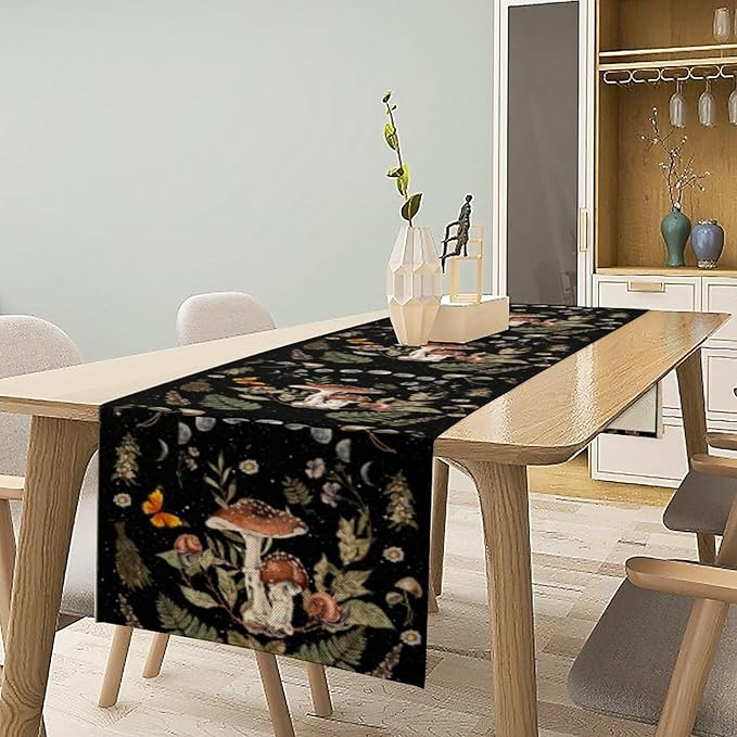 Mushroom Kitchen Table Runner, Boho Vintage Wild Flower Gothic Witchy Moonlit Forest Plant Table Runner for Bedroom Living Room Kitchen Dinner Table, 13x108 Inch
