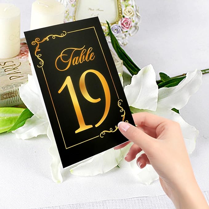 Wedding Table Numbers 1-40 and Head Table Card, Black Gold Cards with 41 Gold TableNumber Holders for Wedding Reception