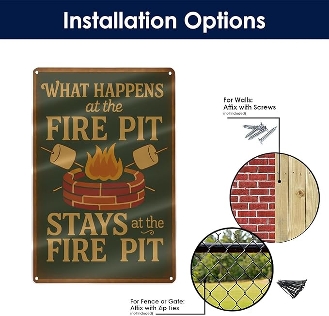 Funny Firepit Metal Sign - "What Happens at the Firepit" Outdoor Wall Decor for Patio, BBQ, Grill, or Campsite - Great Gift for Campers & Dads - 8" x 12"