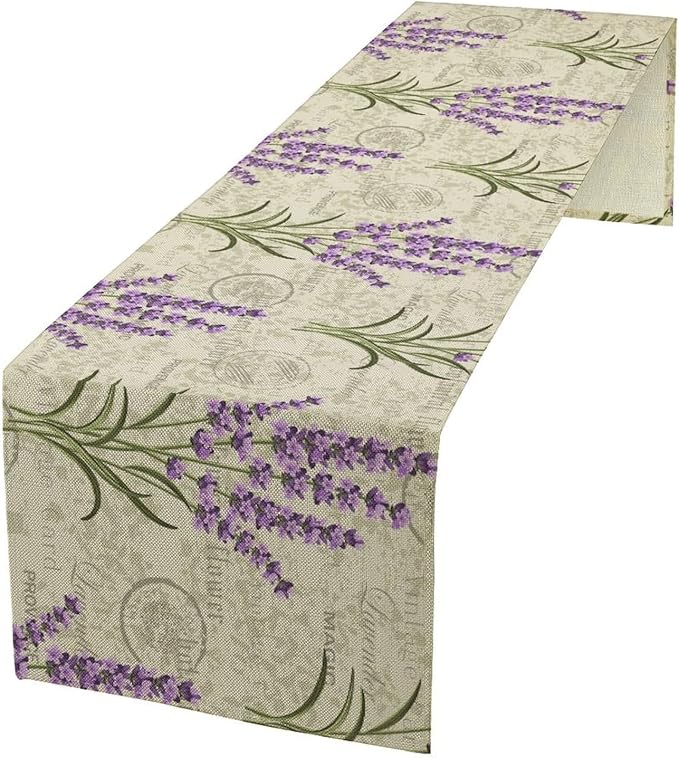 Floral Lavender Table Runner,Vintage Rustic Country Romantic Purple Flower Pattern Print Burlap for Hotel Indoors Outdoor Dining Room Kitchen Home Decor, 13x108in