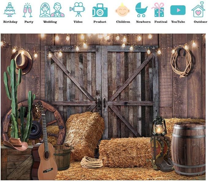 SJOLOON Western Backdrop Rustic Vintage Barn Backdrop Western Themed Party Decoration Photoshoot 12534 (8x6FT)
