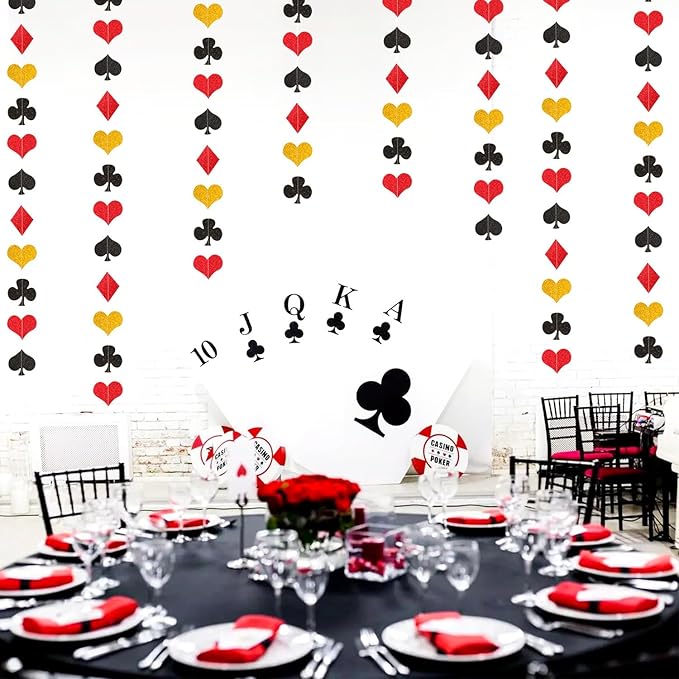 Red-Black Gold Casino Party-Decorations Streamers-Garland - 52ft Poker Theme Hanging Paper Banner,Adults Game Night Birthday Wedding Bachelorette Decor Hugfond
