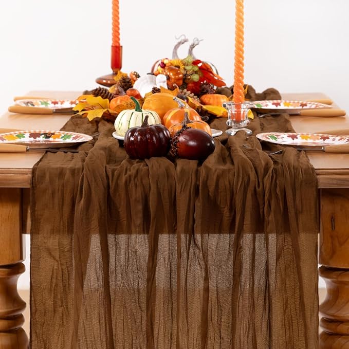 Brown Cheesecloth Table Runner Tan 4 Pack Fall Table Runners Boho Gauze 120 Inches Marron Cheese Cloth Fall Table Decorations for Thanksgiving Wedding Bridal Baby Shower Tea Party Decor