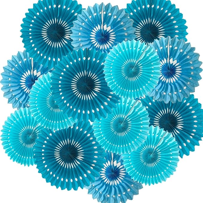 15pcs 10'' 12'' 14'' Paper Fans Decorations Round Tissue Paper Fans Hanging Paper Fans Set Party Paper Honeycomb Fans Decorations for Party Birthday Wedding Events, Green+blue